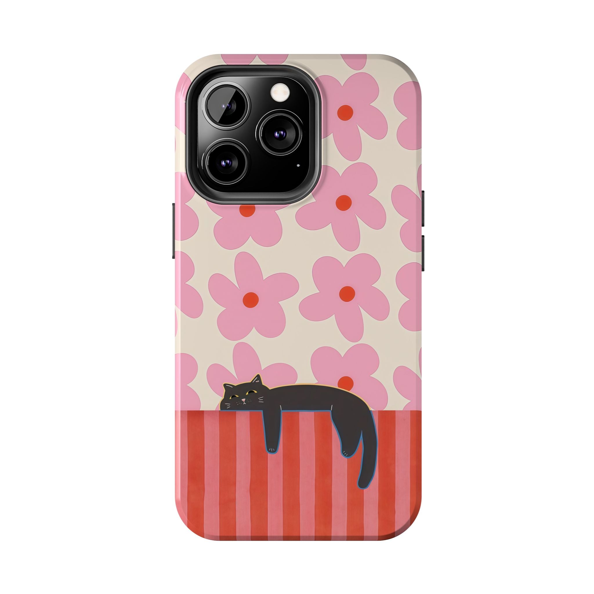 Pink Flowers & Lounging Black Cat