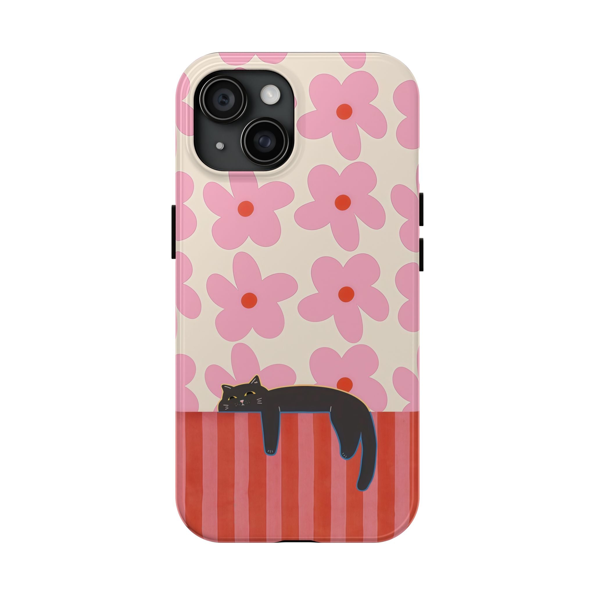 Pink Flowers & Lounging Black Cat