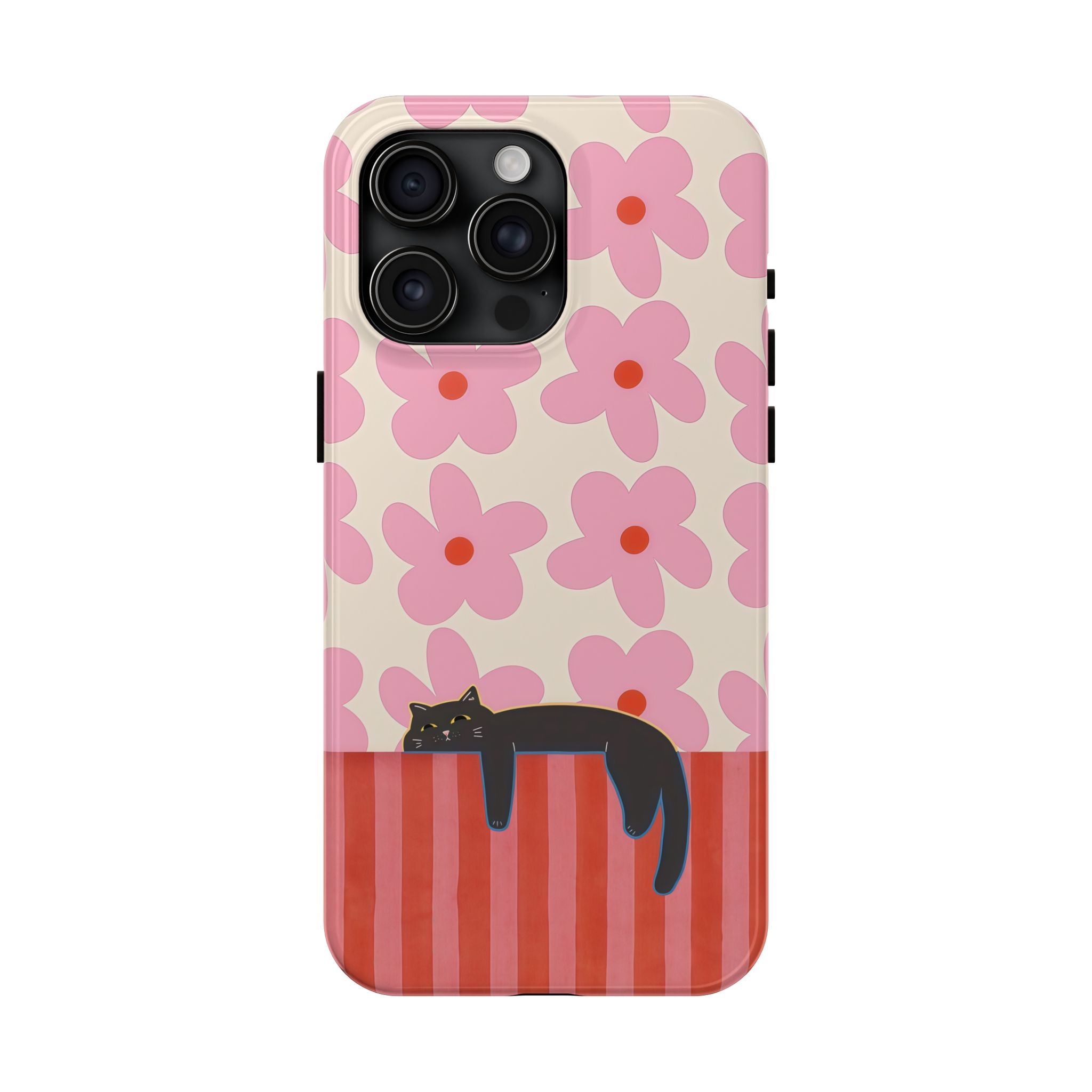 Pink Flowers & Lounging Black Cat