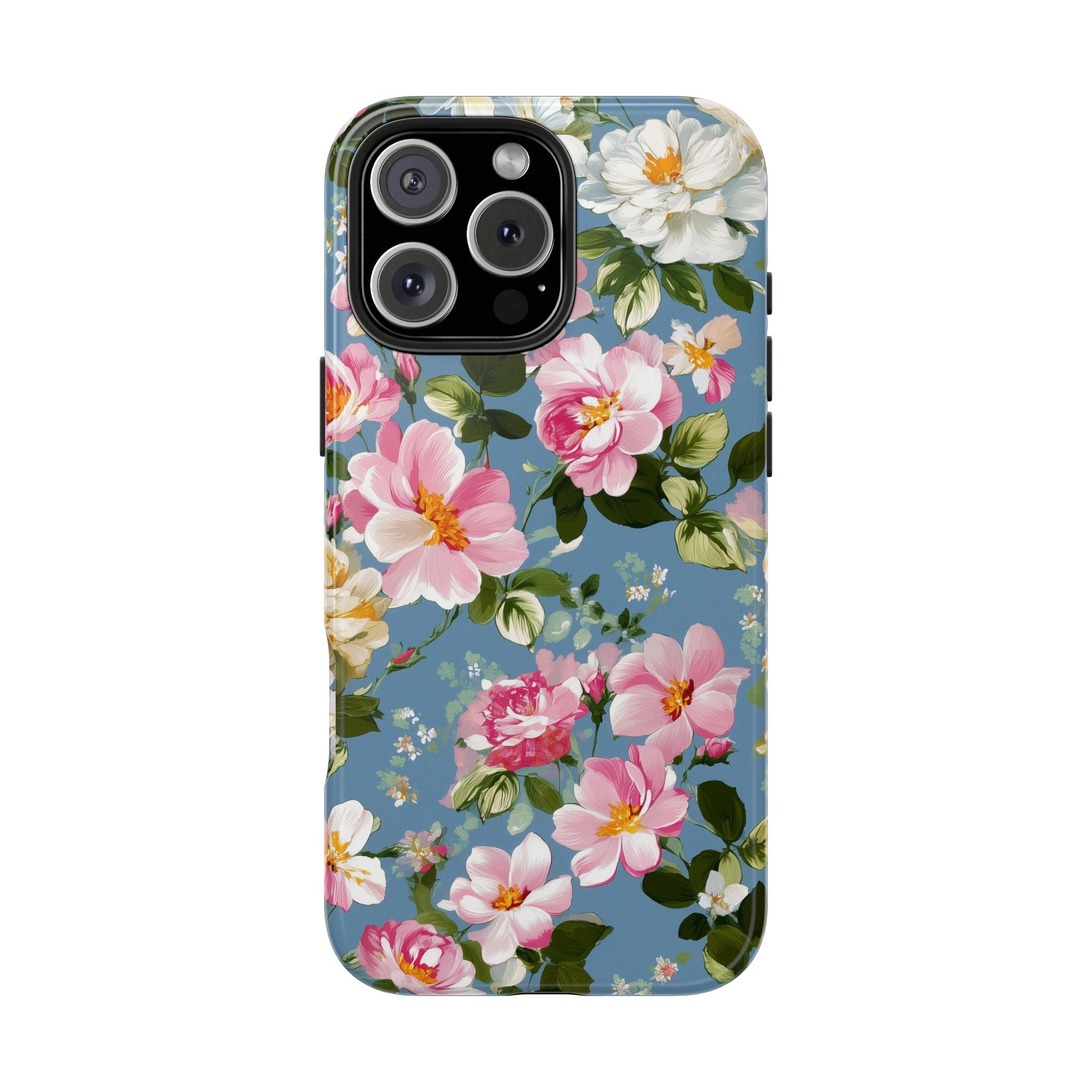 Vintage Pink Camellia on Blue