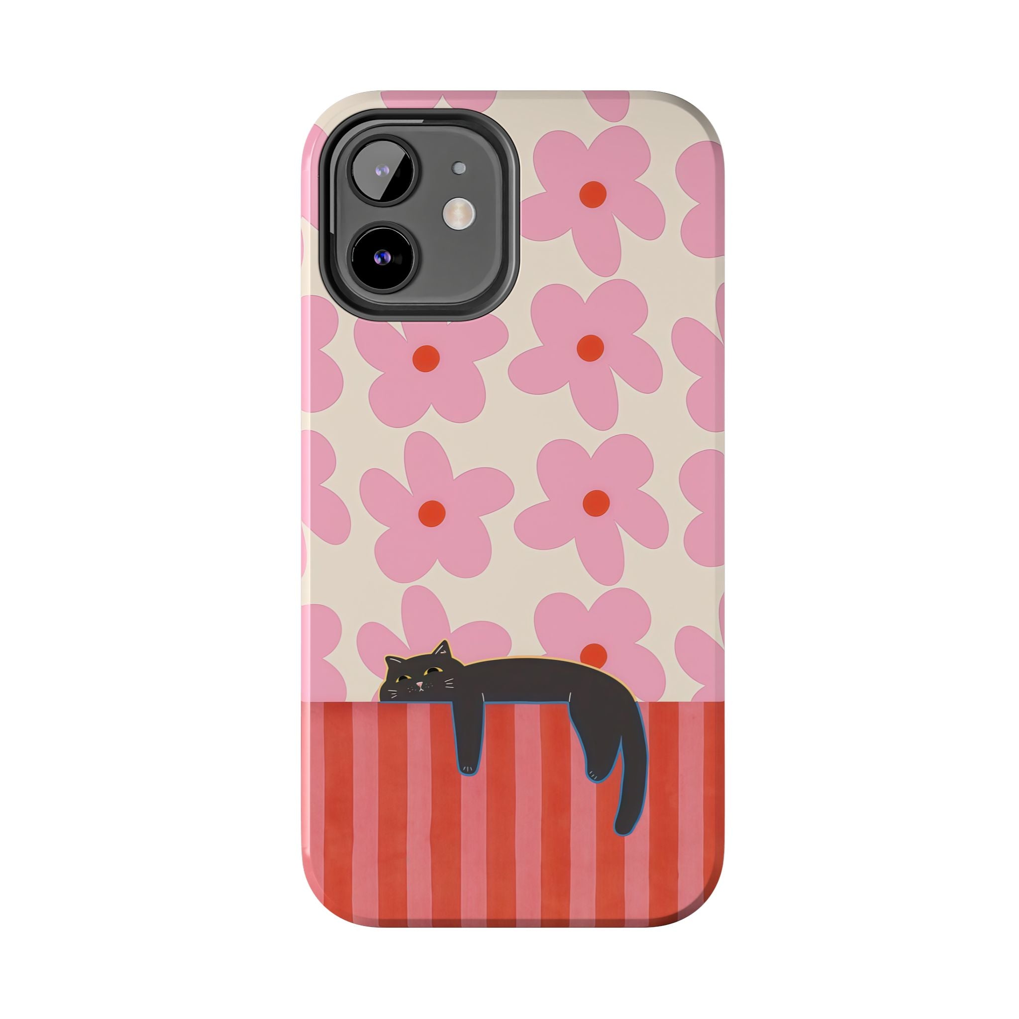 Pink Flowers & Lounging Black Cat