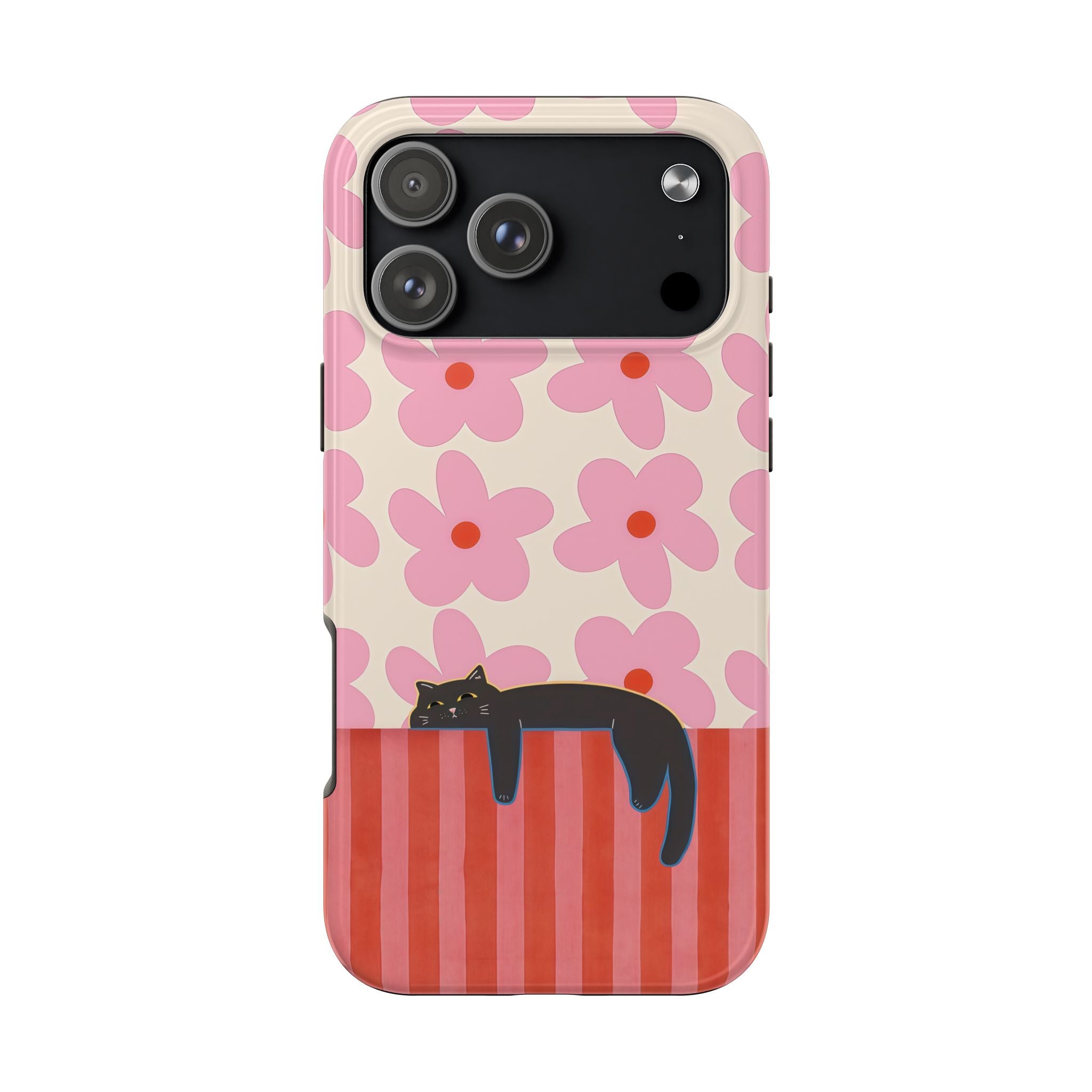 Pink Flowers & Lounging Black Cat