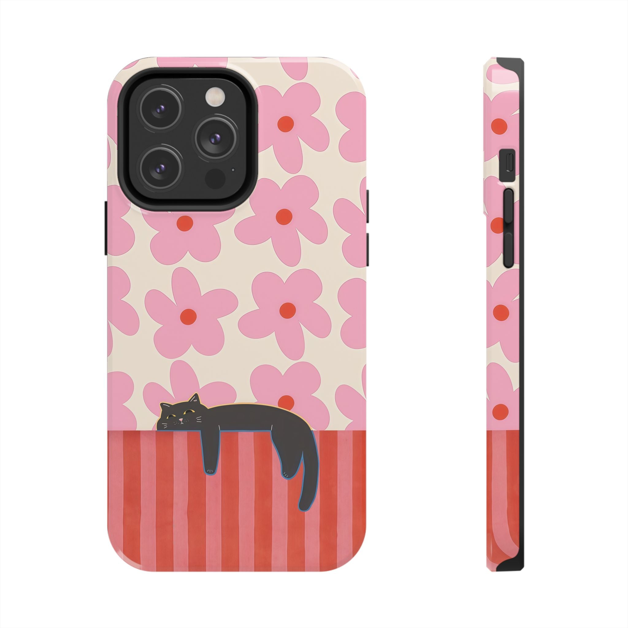 Pink Flowers & Lounging Black Cat
