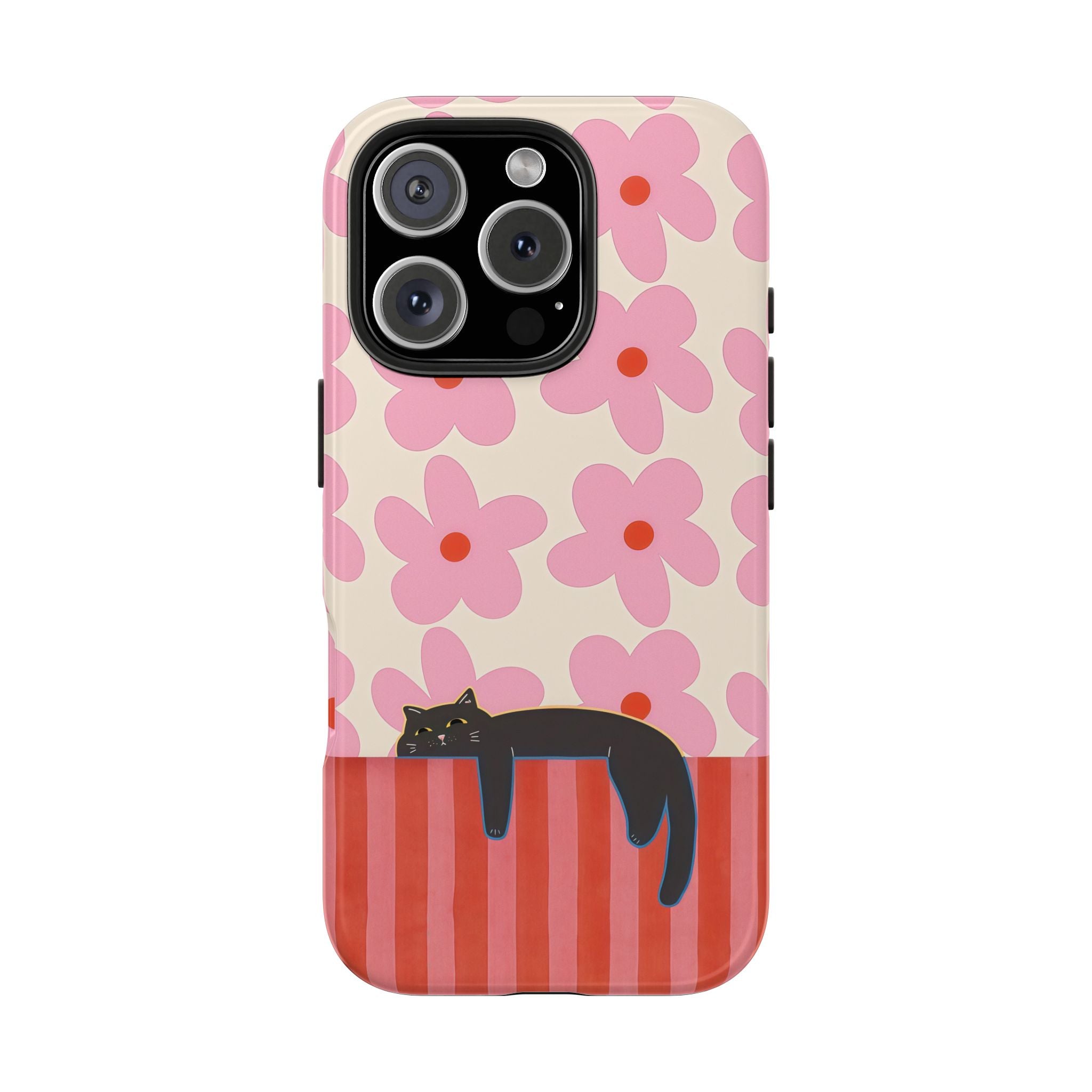 Pink Flowers & Lounging Black Cat