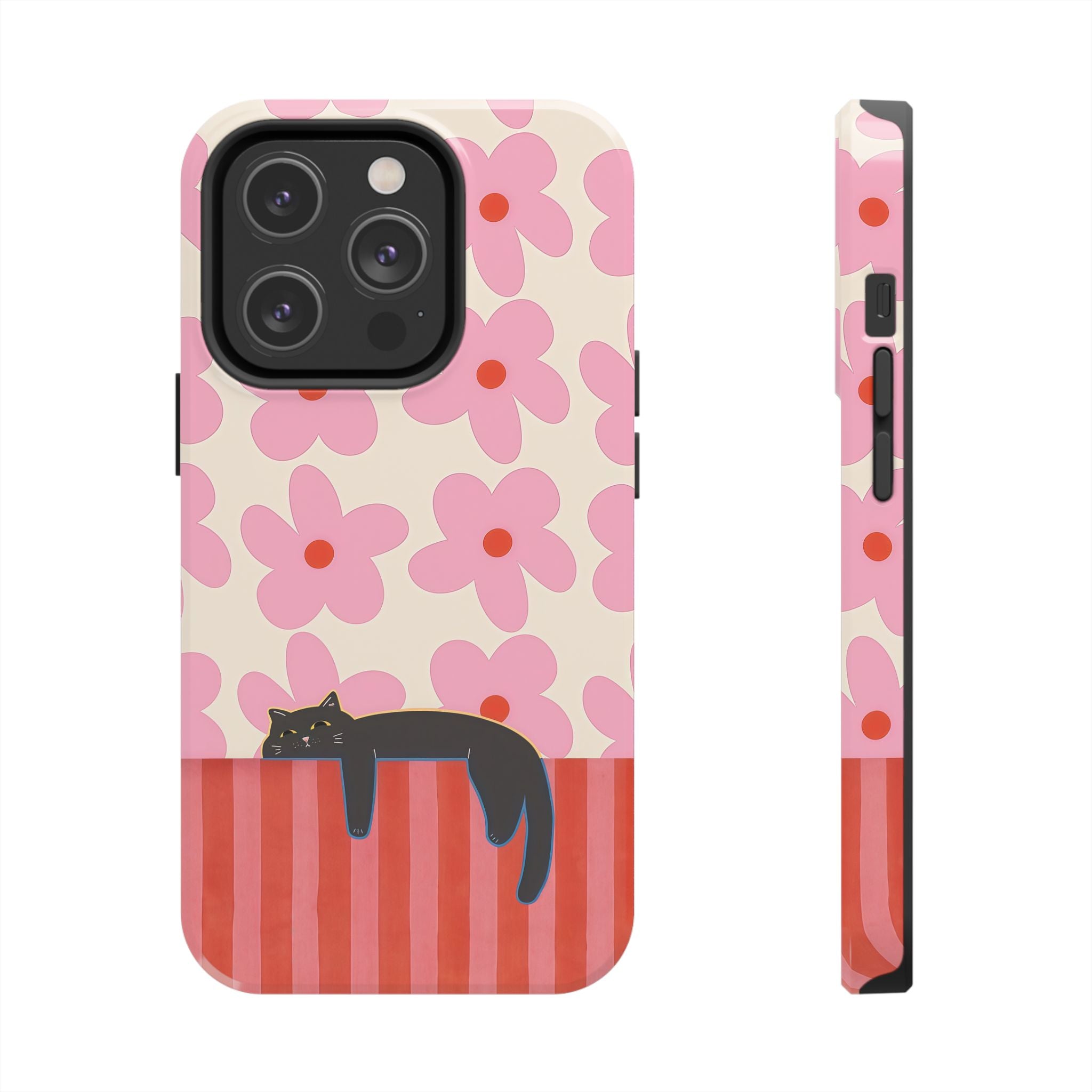 Pink Flowers & Lounging Black Cat