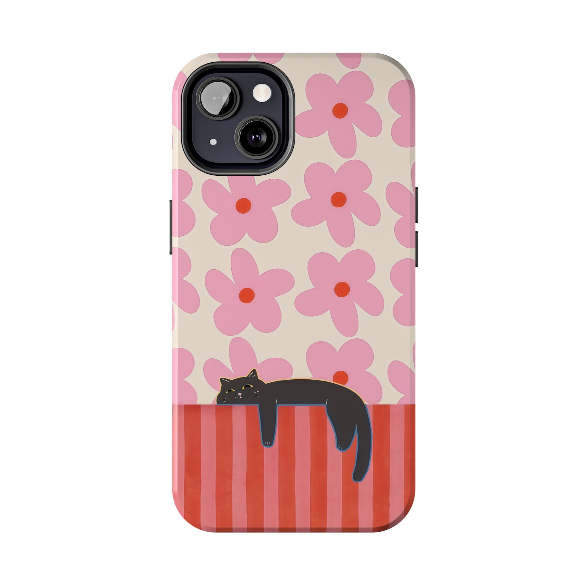 Pink Flowers & Lounging Black Cat