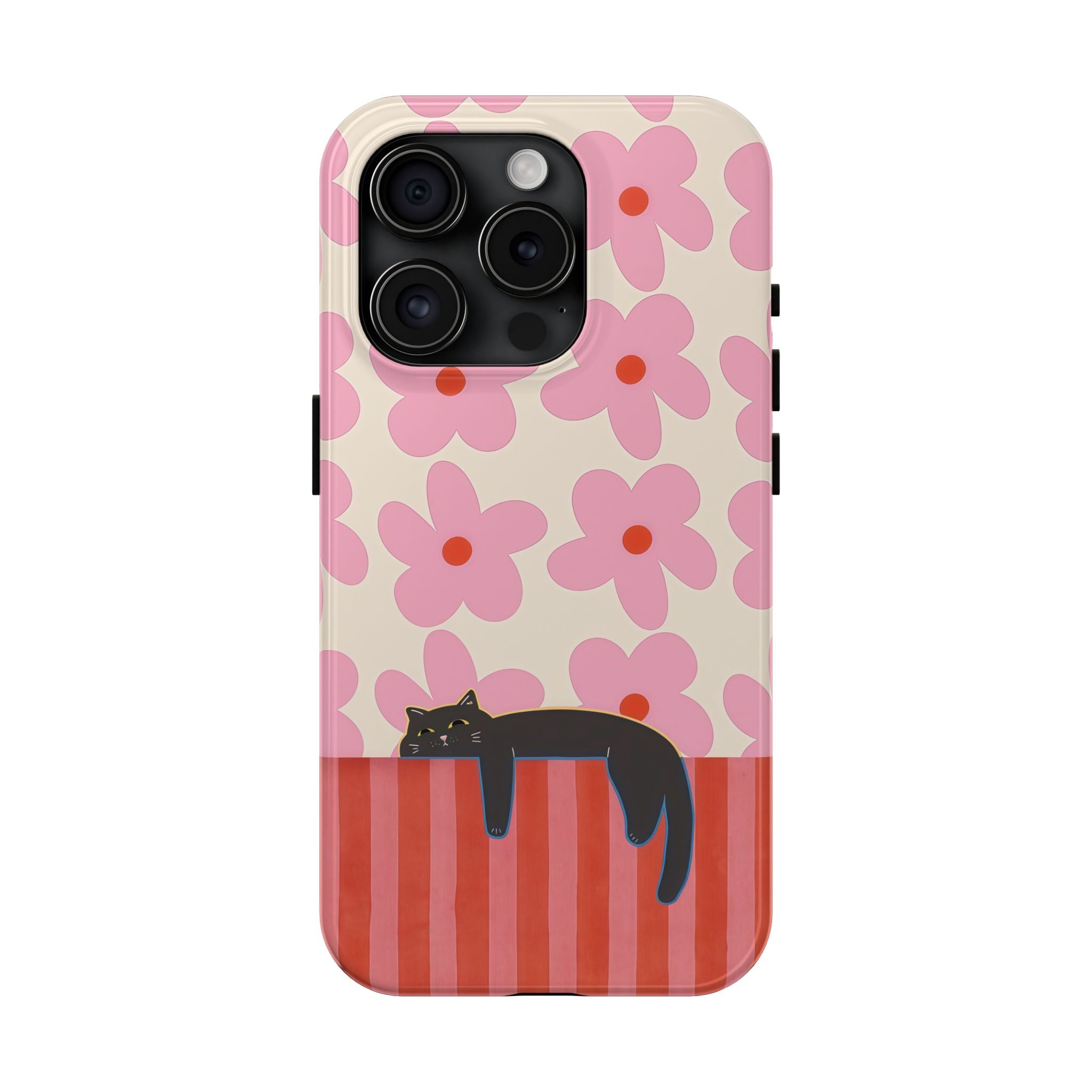 Pink Flowers & Lounging Black Cat