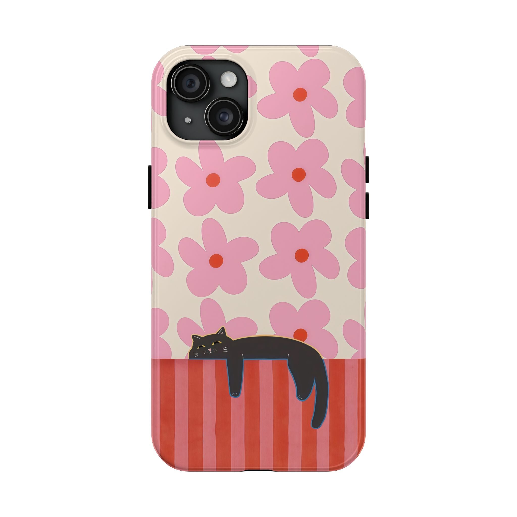 Pink Flowers & Lounging Black Cat
