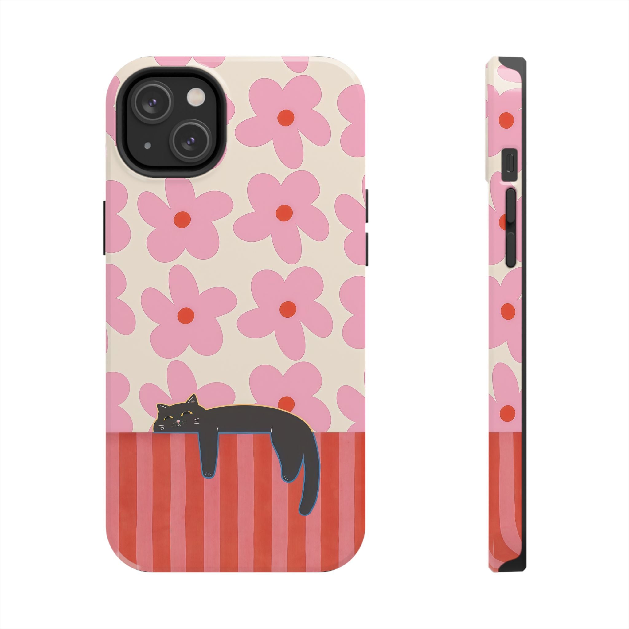 Pink Flowers & Lounging Black Cat