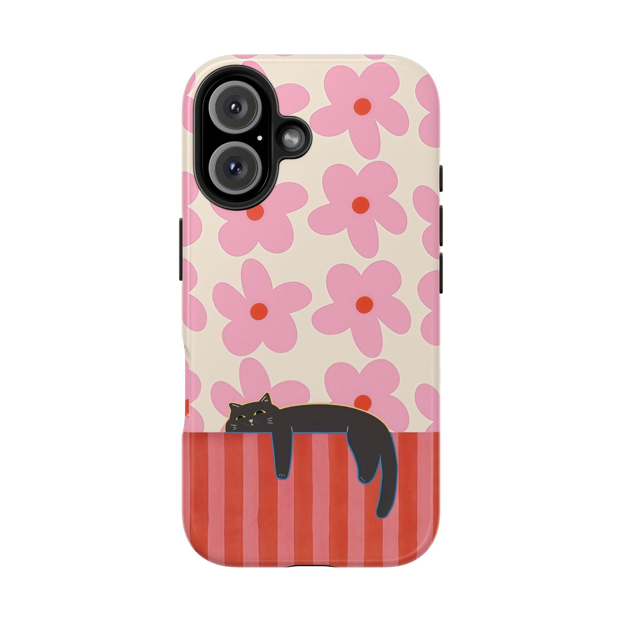 Pink Flowers & Lounging Black Cat