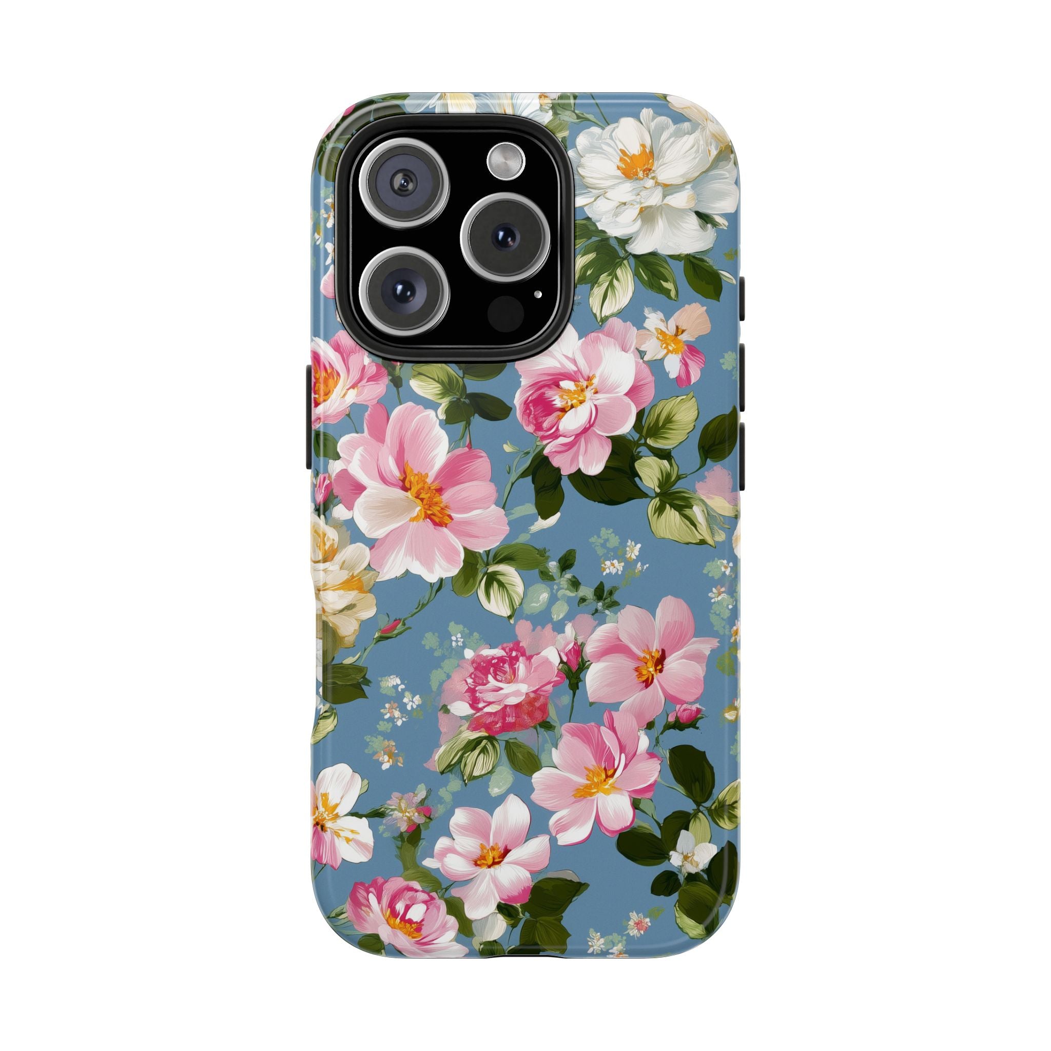Vintage Pink Camellia on Blue