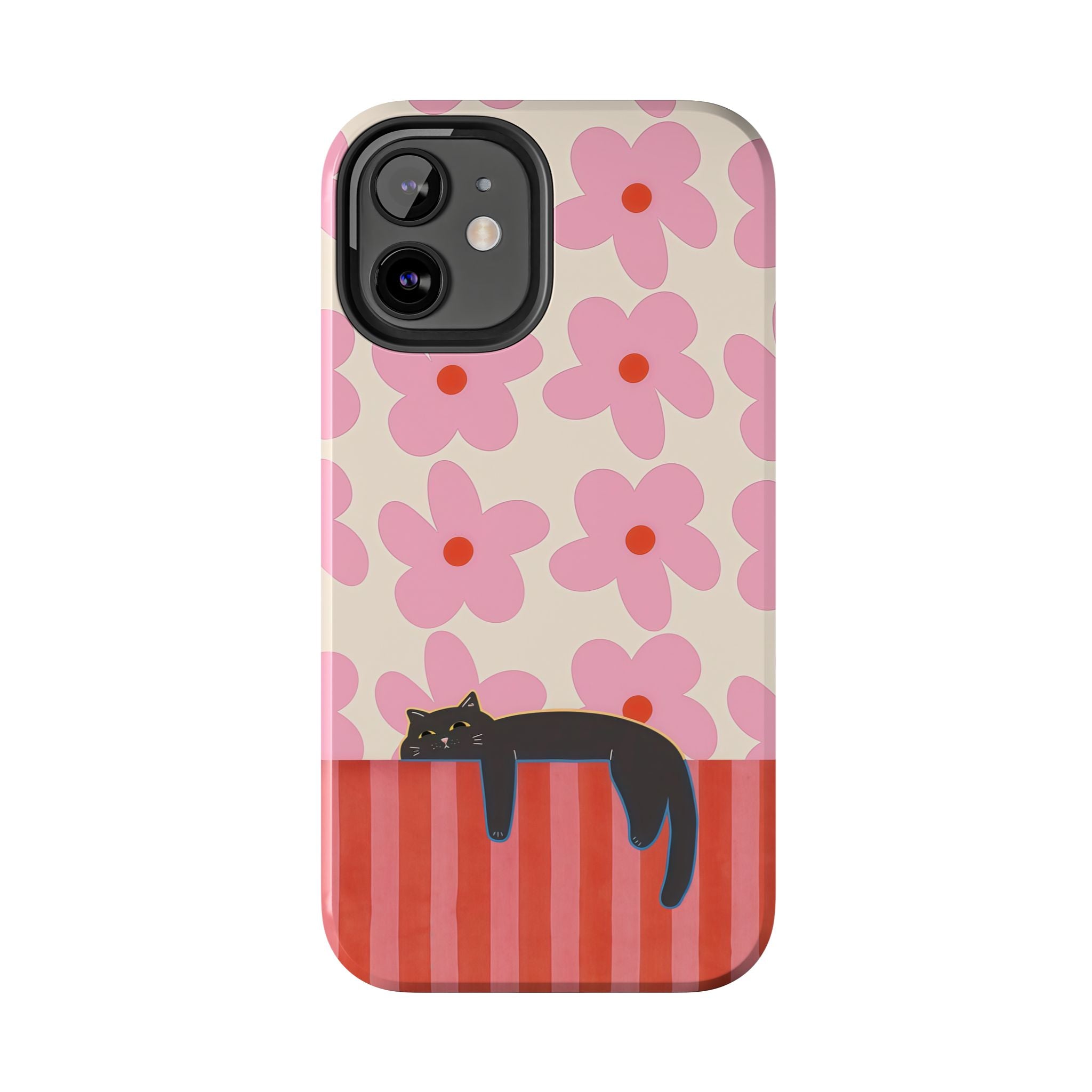 Pink Flowers & Lounging Black Cat