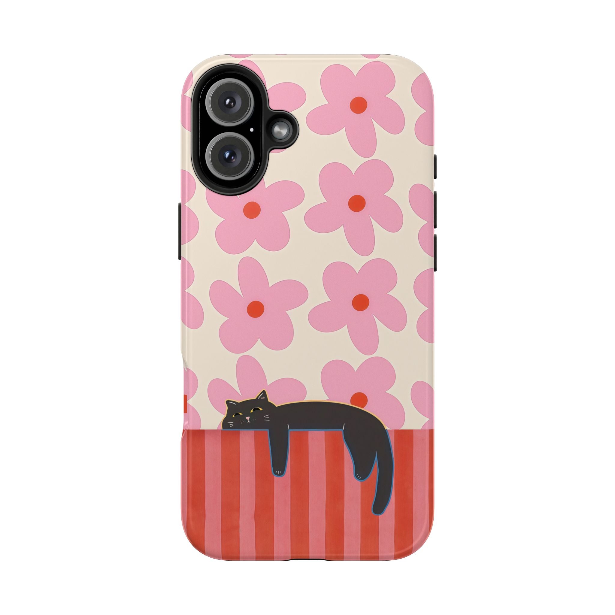 Pink Flowers & Lounging Black Cat