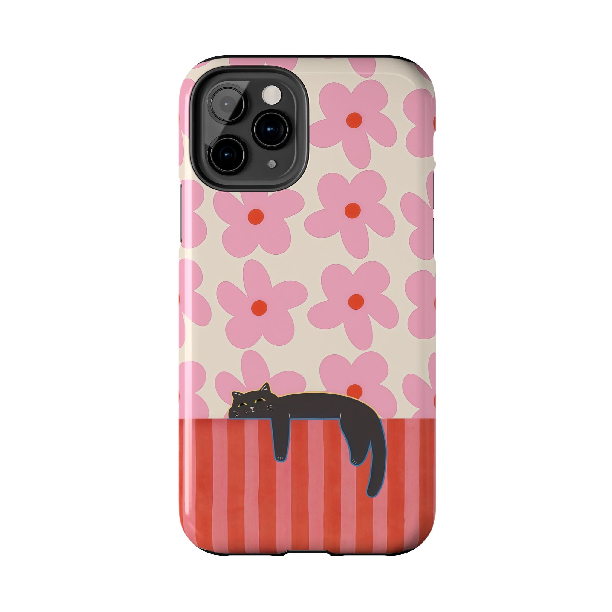 Pink Flowers & Lounging Black Cat