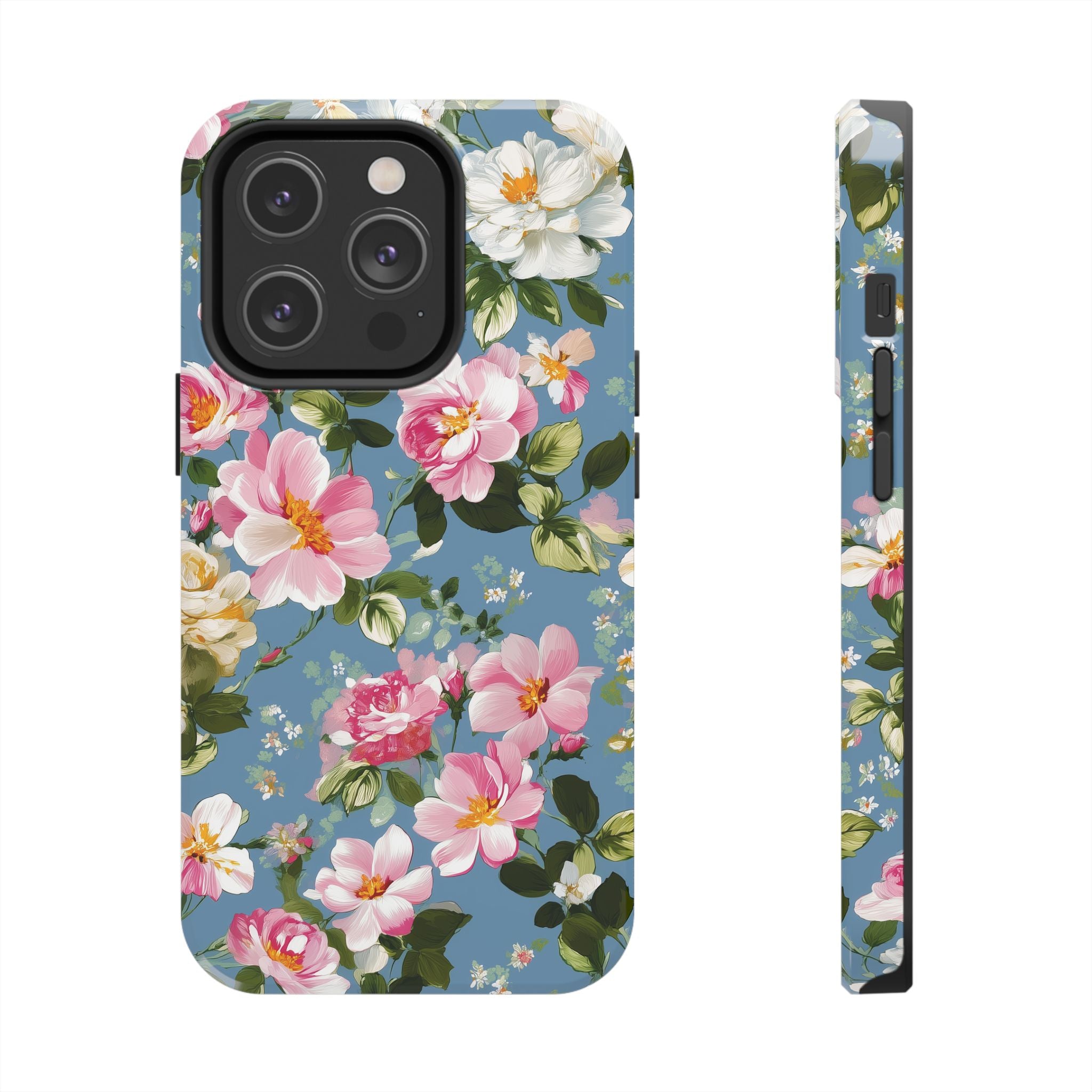 Vintage Pink Camellia on Blue