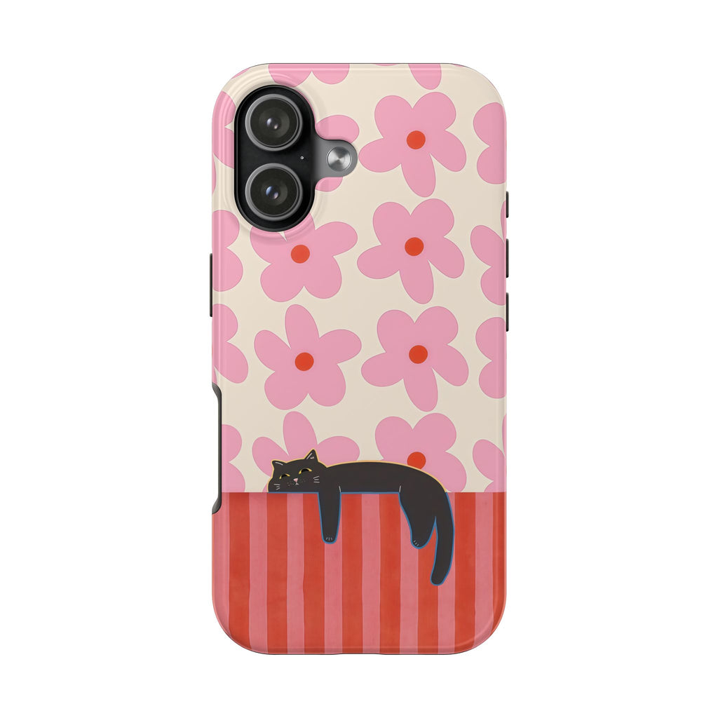 Pink Flowers & Lounging Black Cat