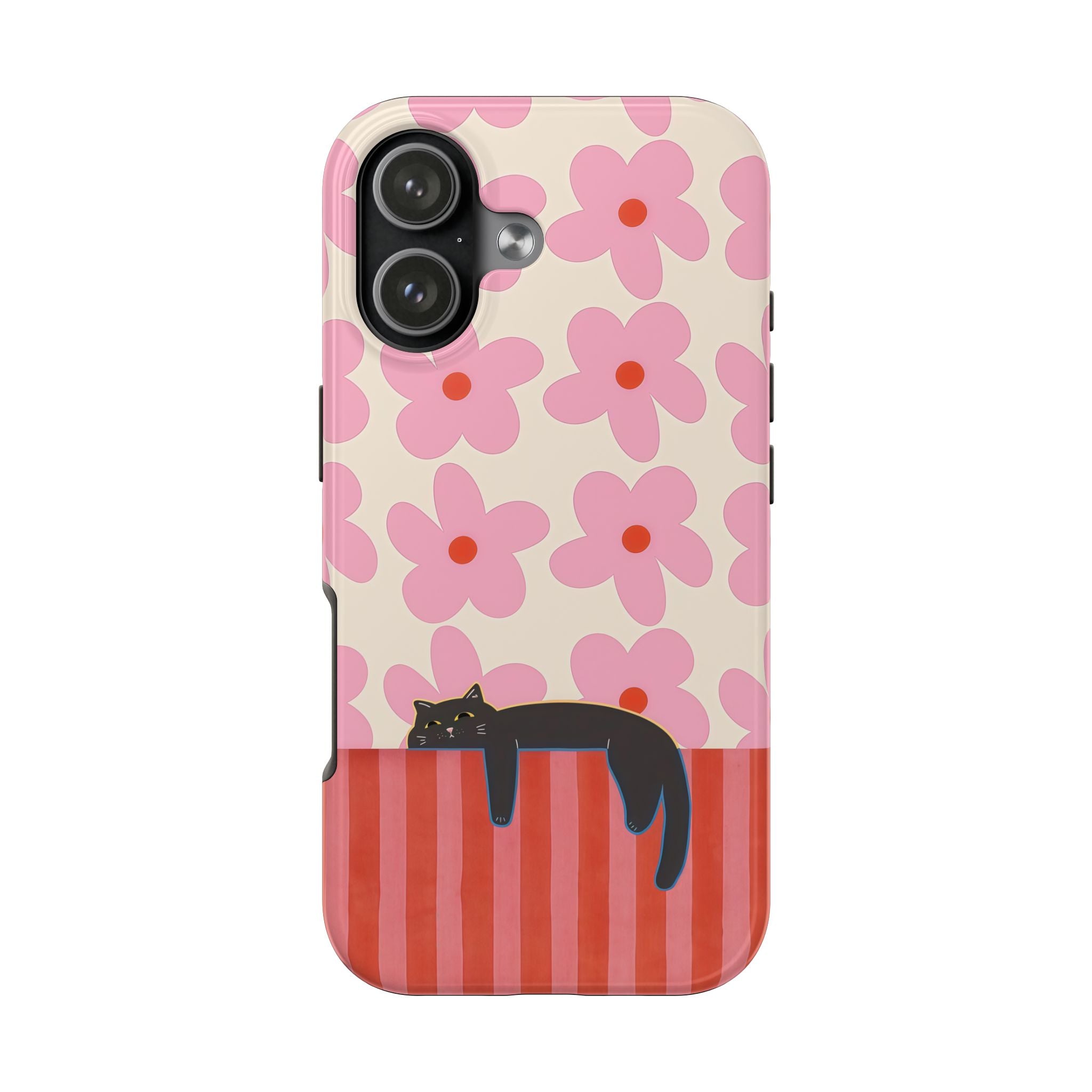 Pink Flowers & Lounging Black Cat