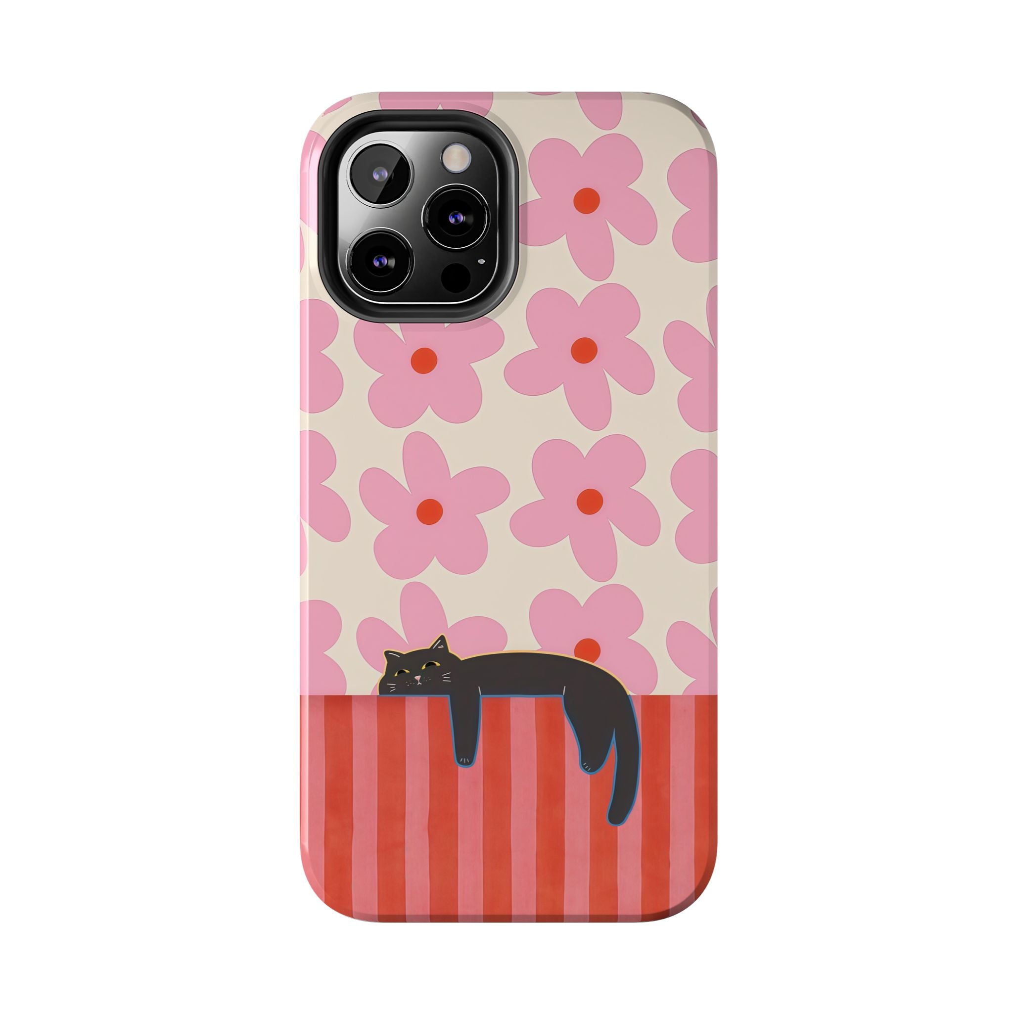 Pink Flowers & Lounging Black Cat