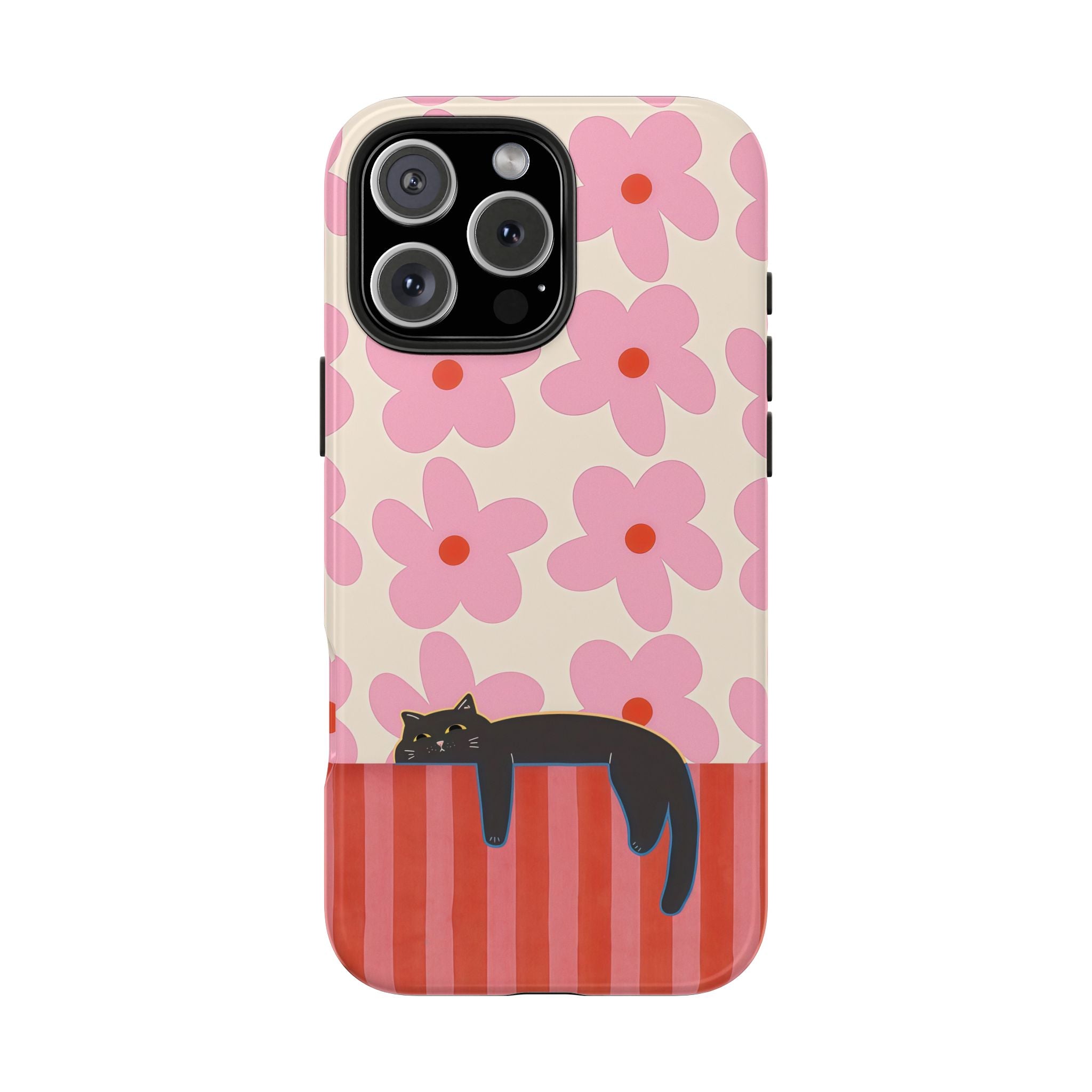 Pink Flowers & Lounging Black Cat