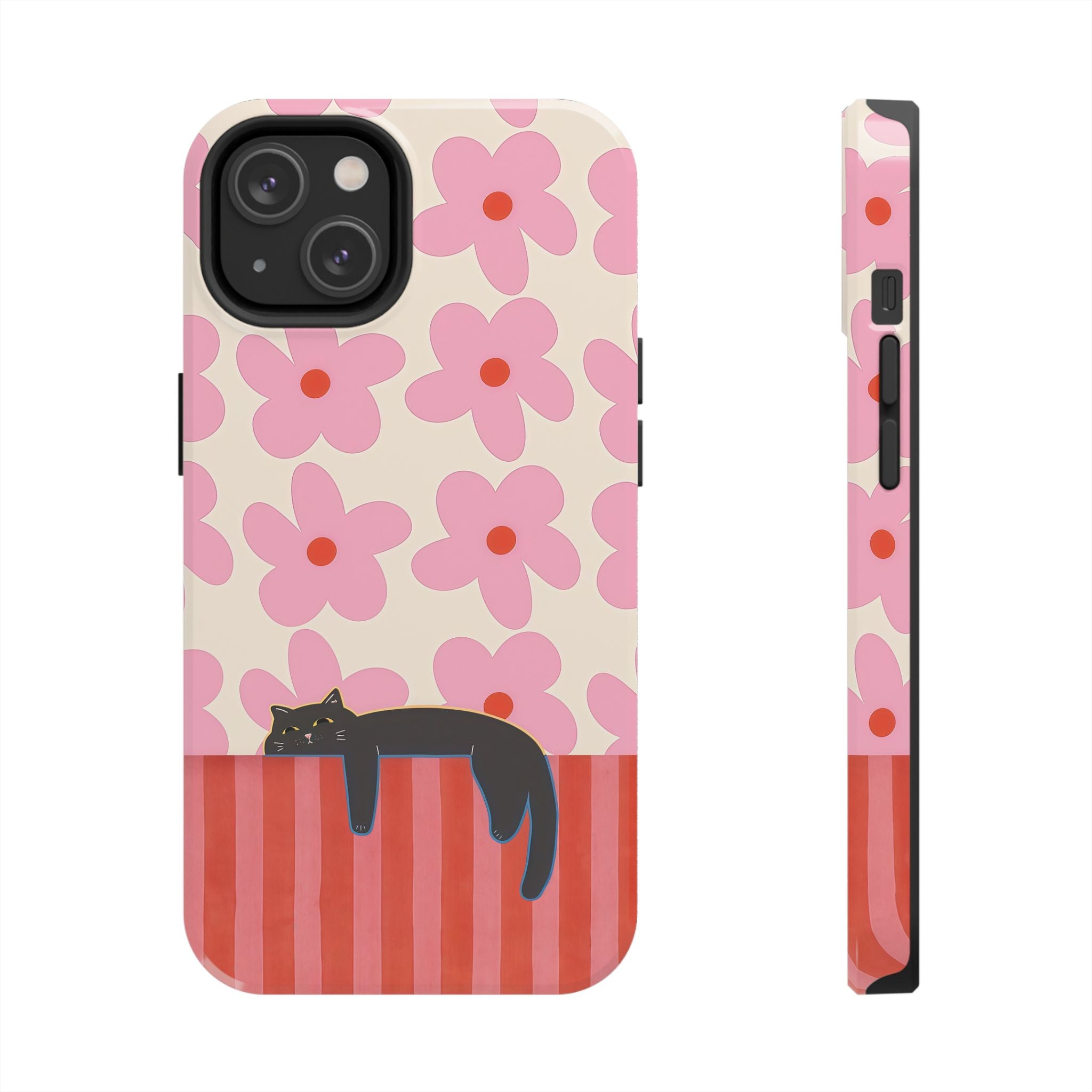 Pink Flowers & Lounging Black Cat