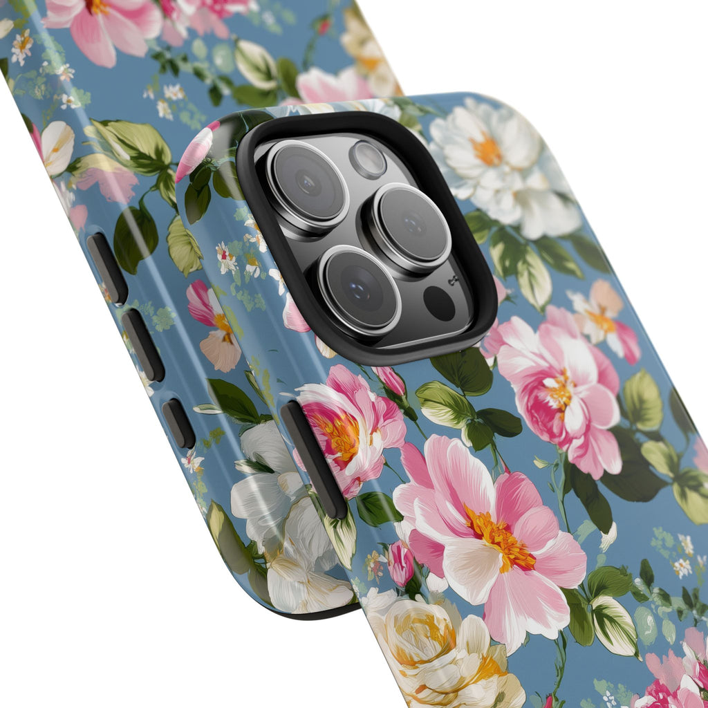 Vintage Pink Camellia on Blue