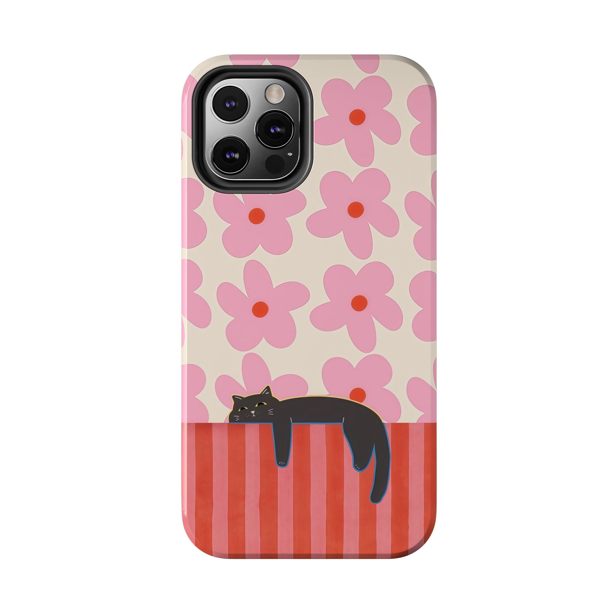 Pink Flowers & Lounging Black Cat