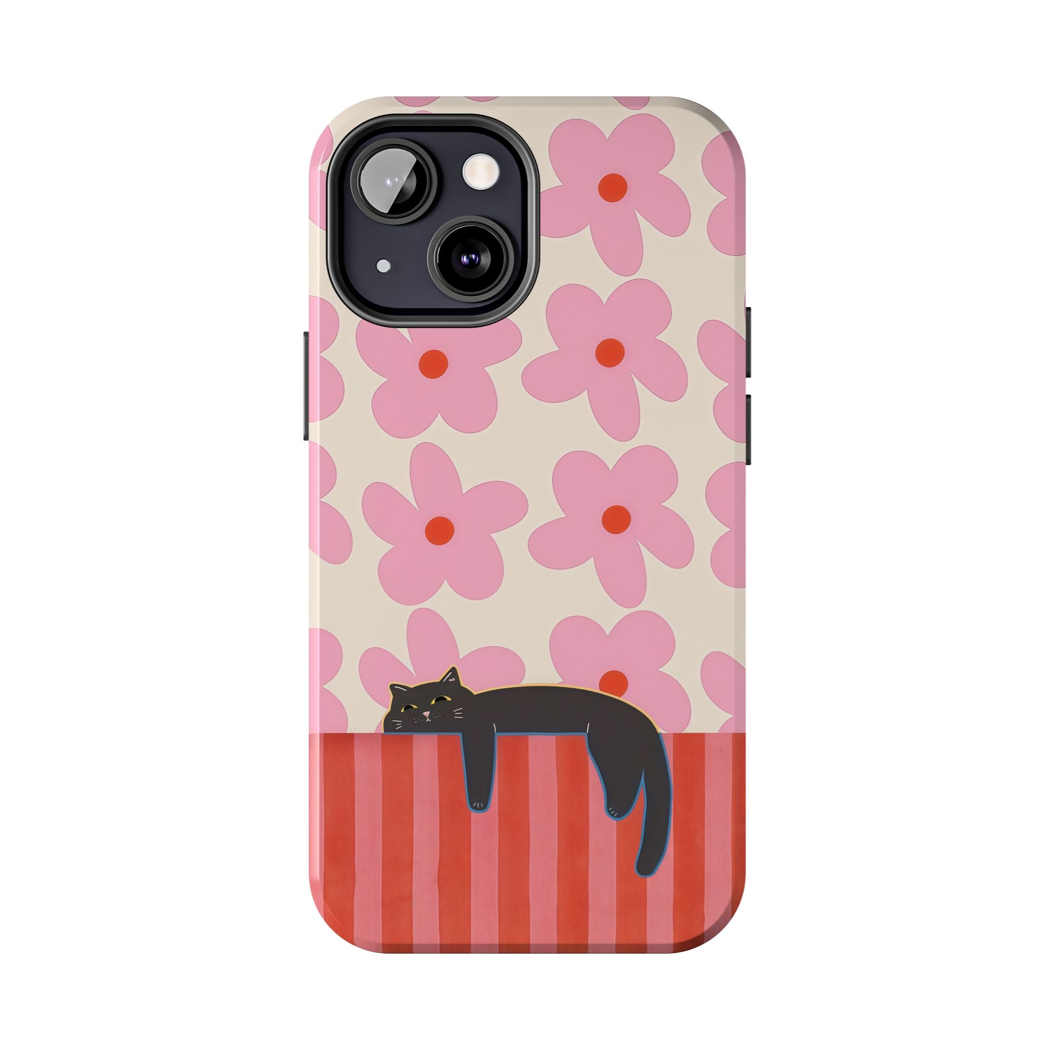 Pink Flowers & Lounging Black Cat
