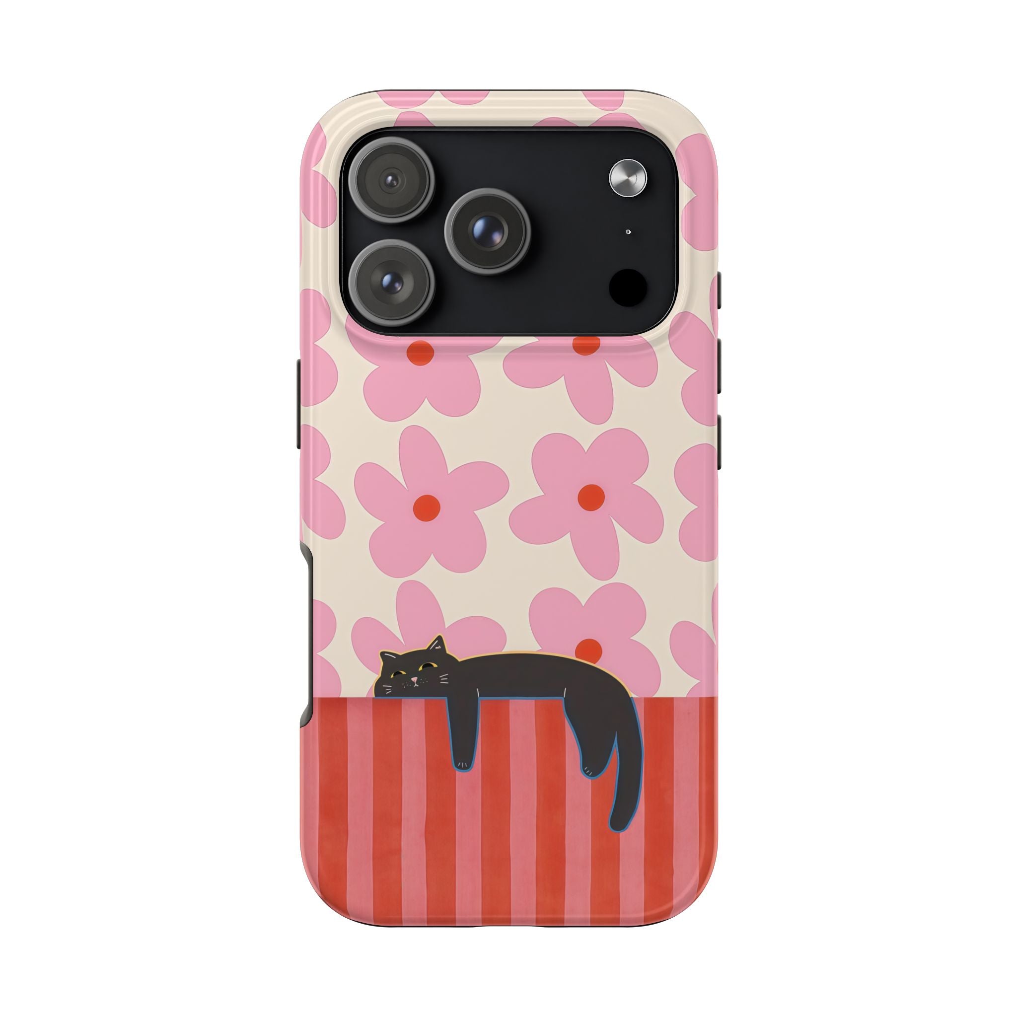 Pink Flowers & Lounging Black Cat