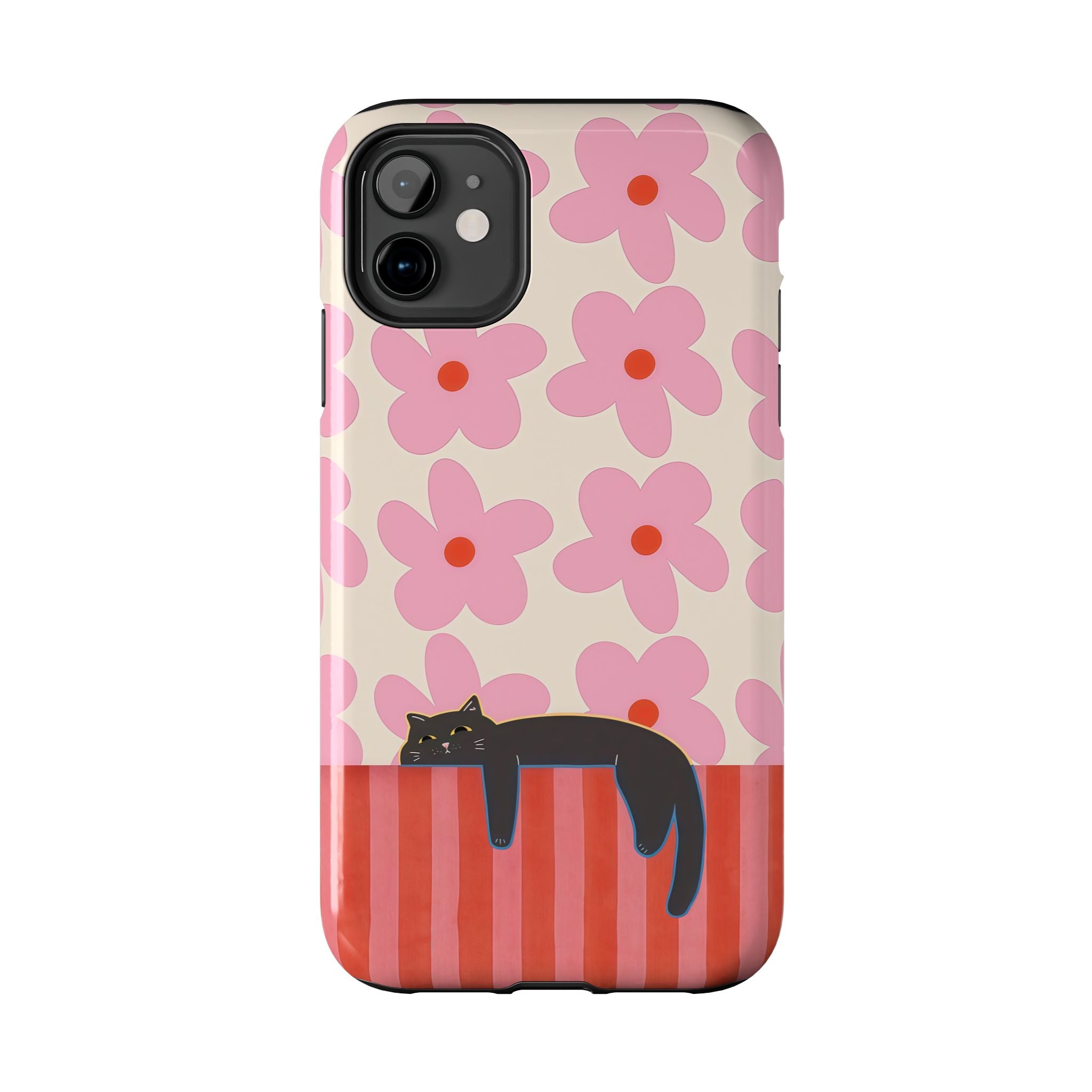 Pink Flowers & Lounging Black Cat