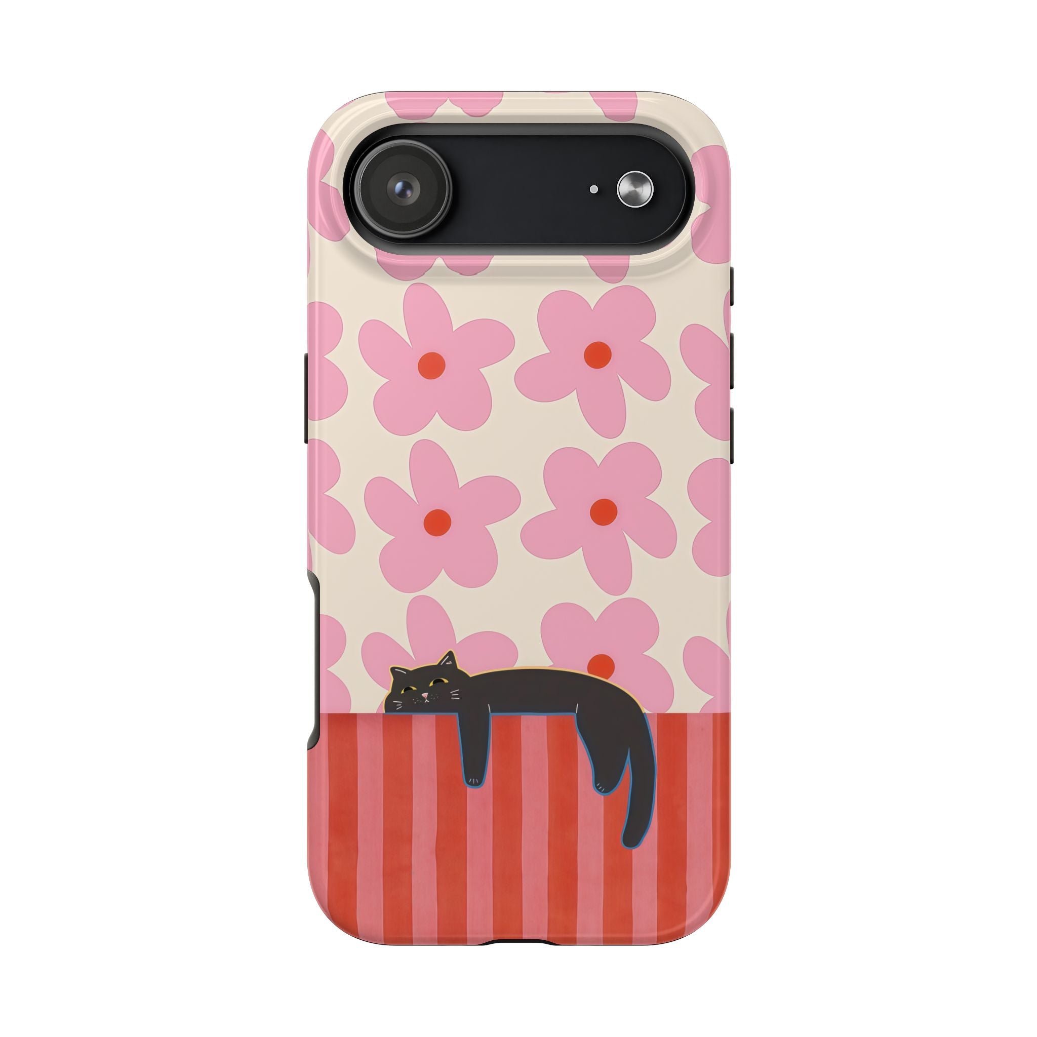 Pink Flowers & Lounging Black Cat