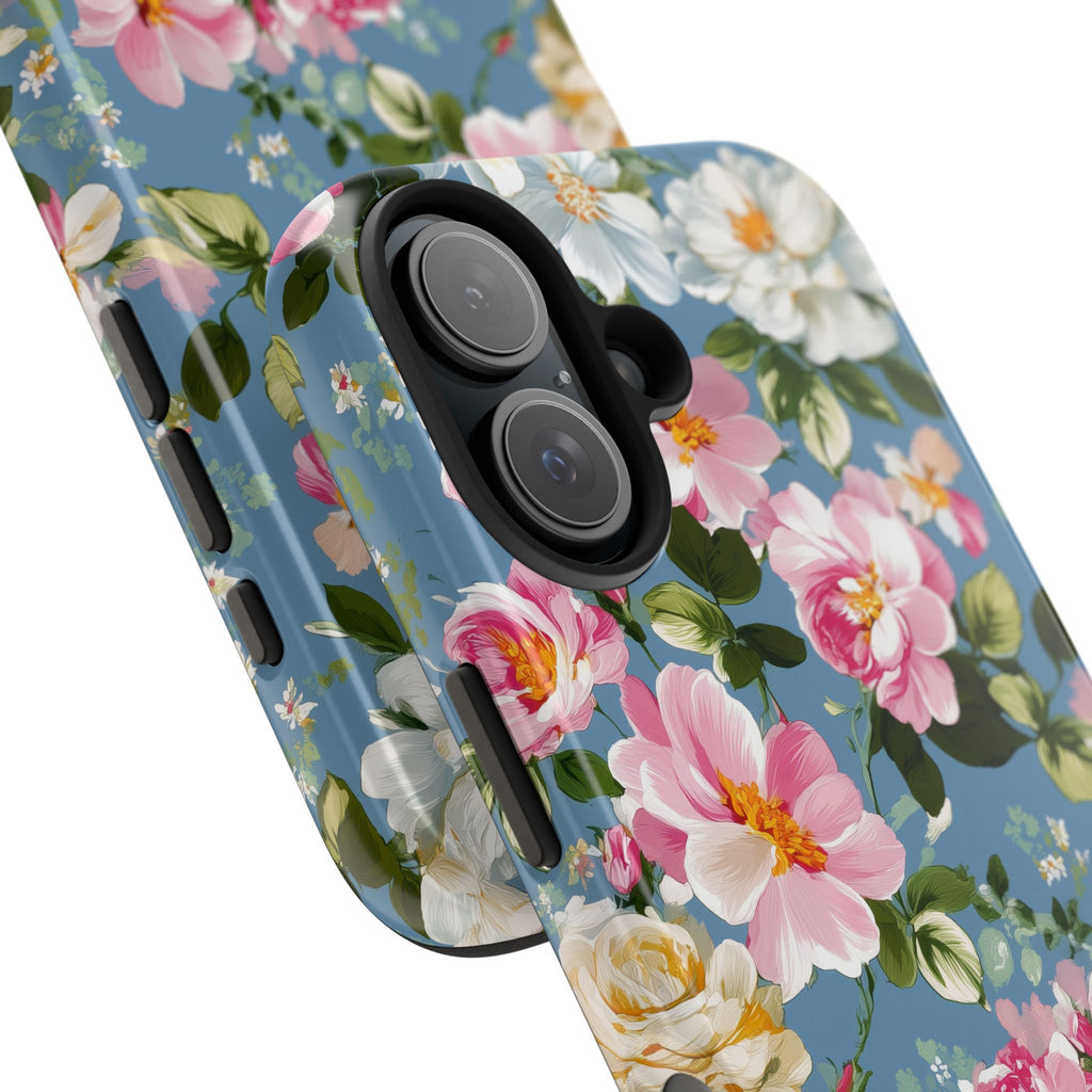 Vintage Pink Camellia on Blue
