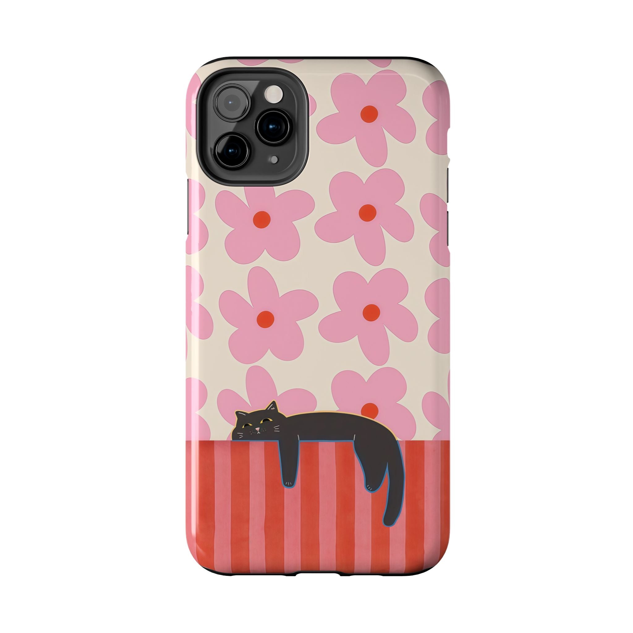 Pink Flowers & Lounging Black Cat