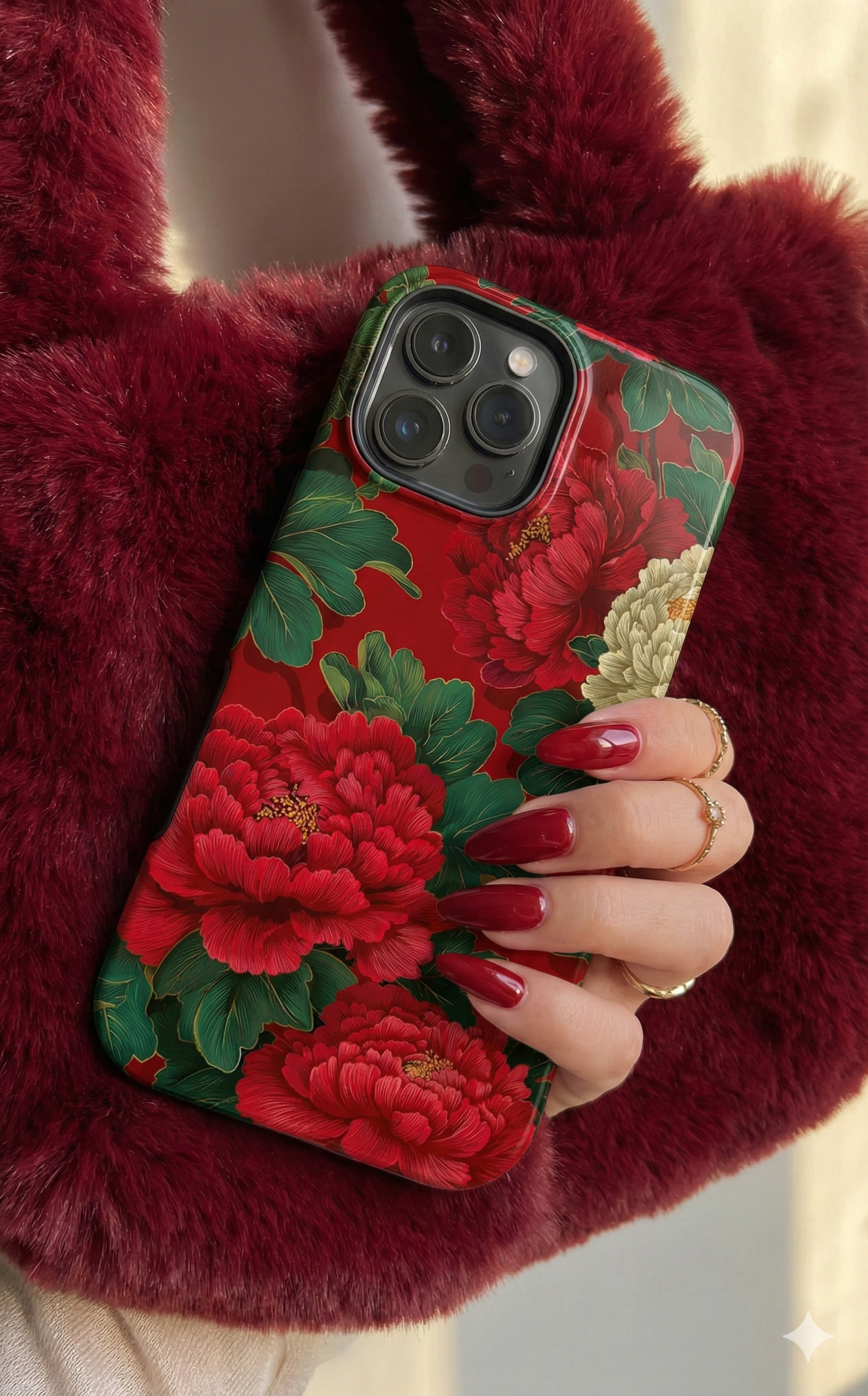 Red & Green Vintage Floral Peony