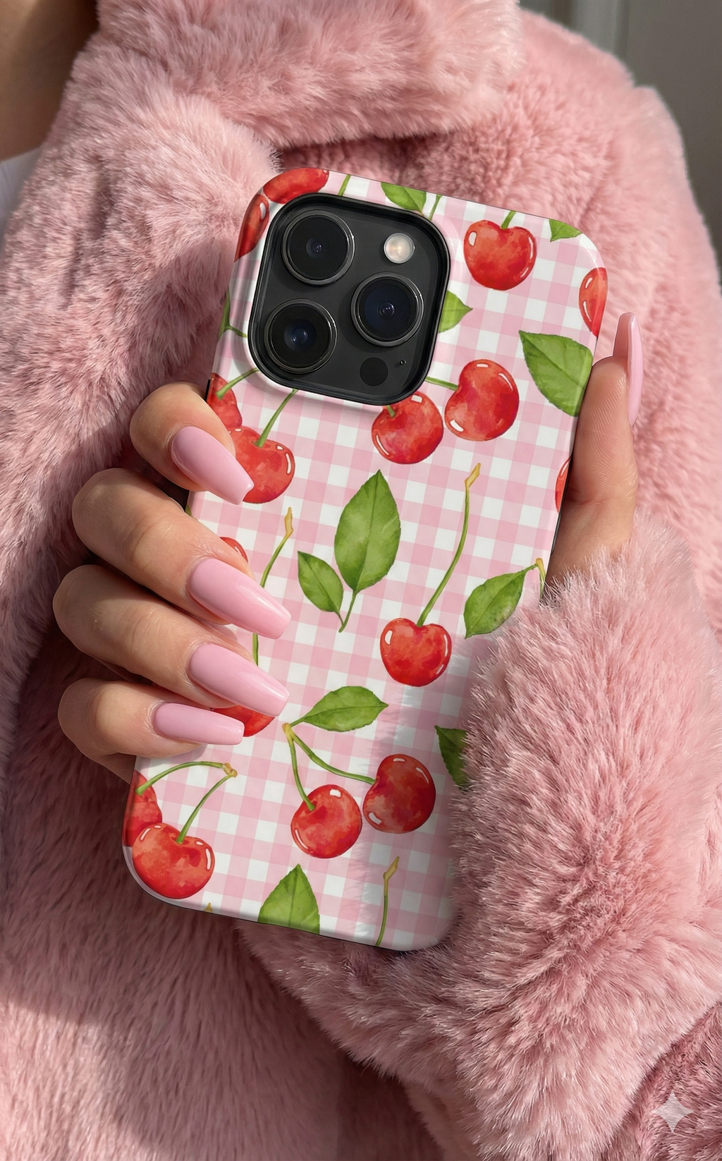 Cherry Gingham Pink Watercolor Cherries