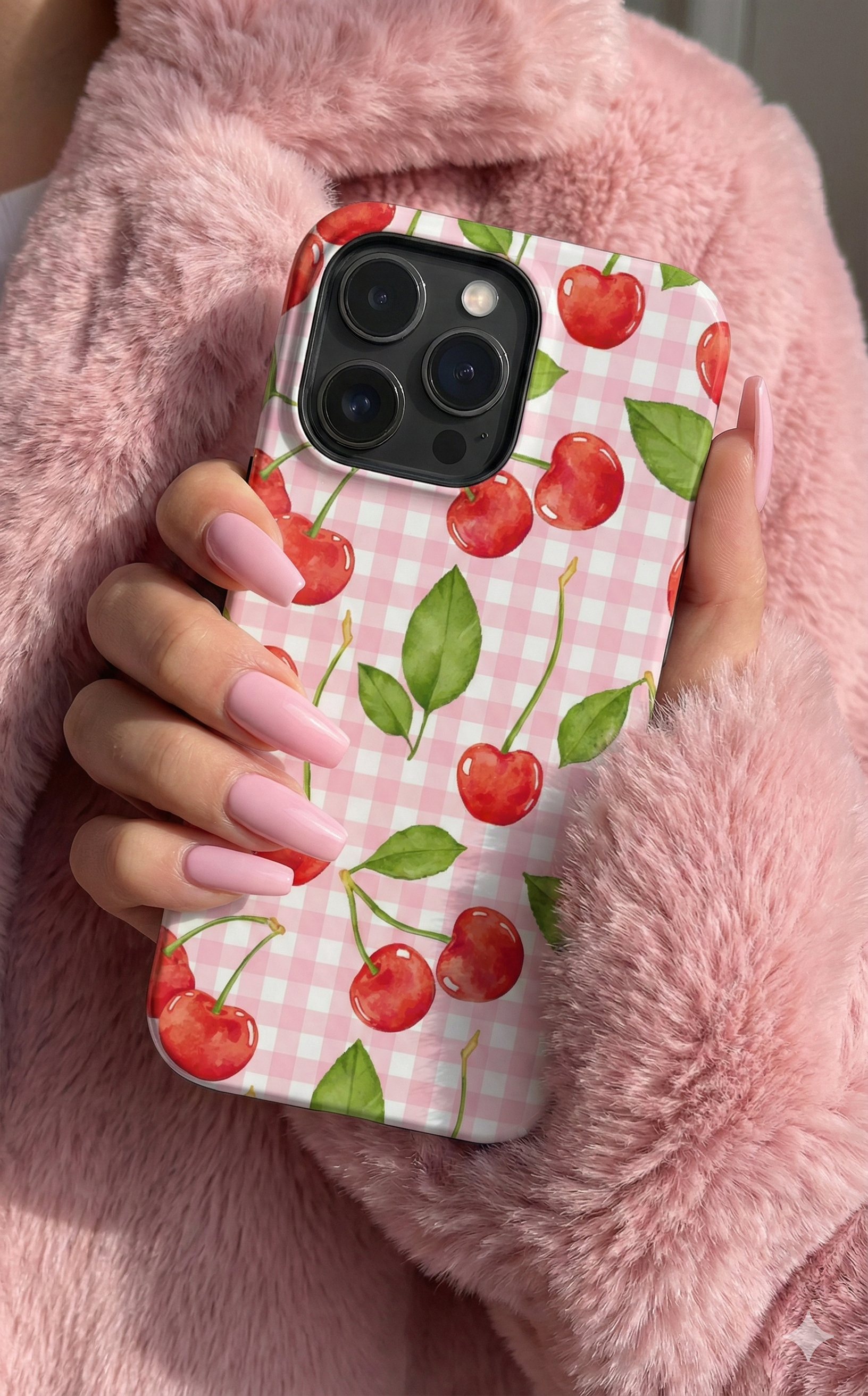 Cherry Gingham Pink Watercolor Cherries